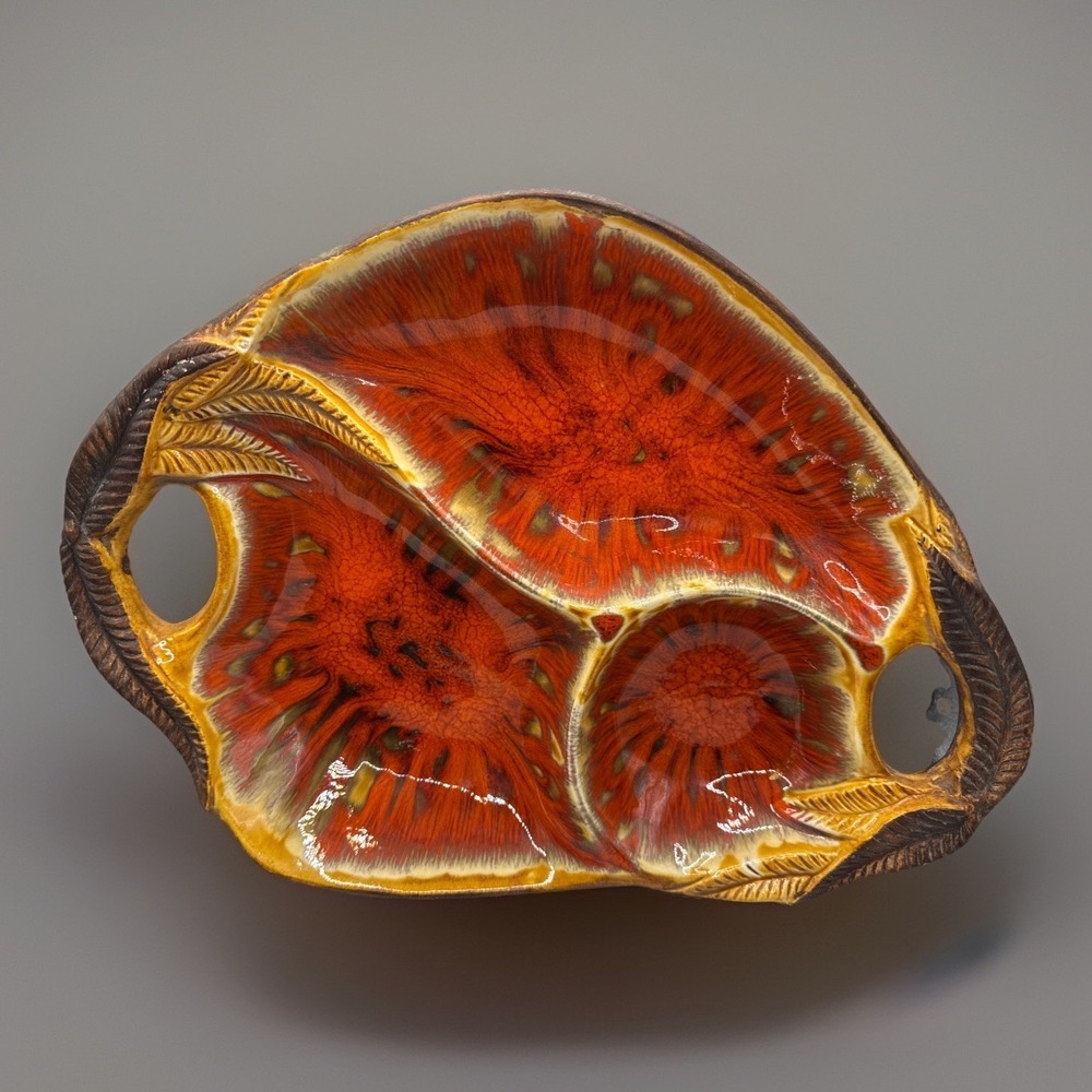 Vintage MCM Glazed Divided Pottery Platter Chip Dip Orange & Brown Centerpiece